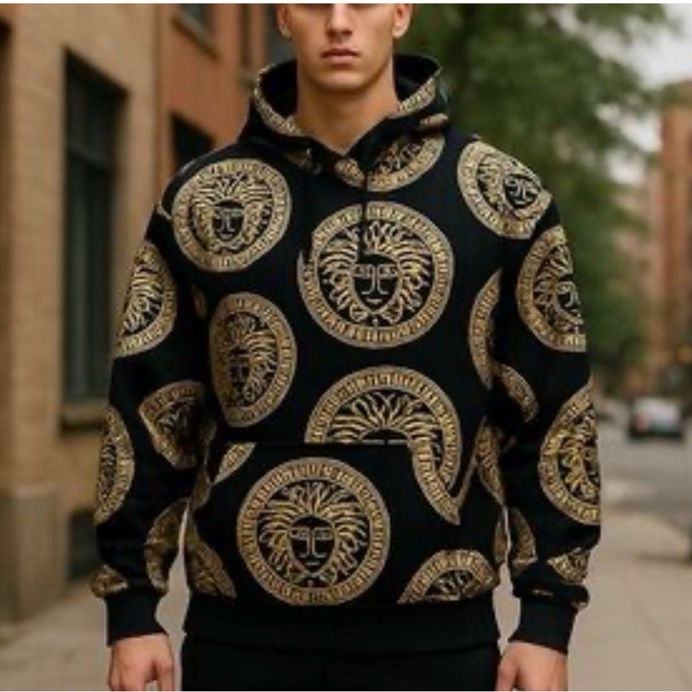 DRILL CLOTHING CO BLACK & METALLIC GOLD MEDUSA EXOTIC GRAPHIC HOODIE MENS UNISEX